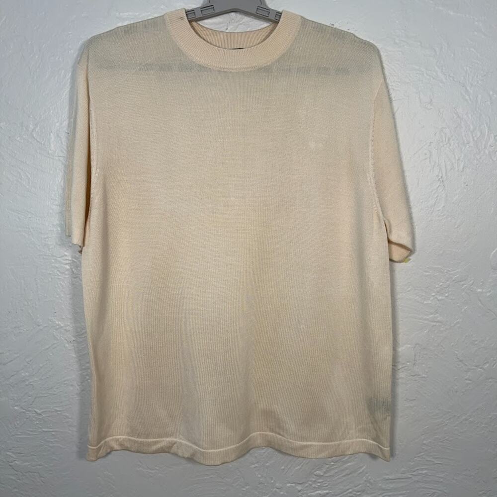 Vintage Murano 100% Silk Short Sleeve Knit Sweater Shirt Cream Ivory Men's XL